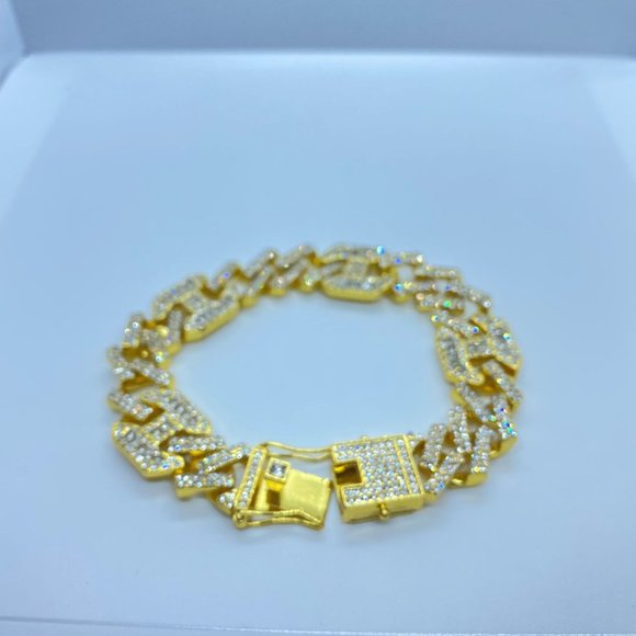 18K Plated Iced Out CZ Crystal Cuban Link Chain with Bracelet SET Gold - Picture 6 of 8